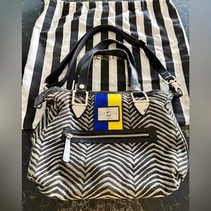L.A.M.B. Black and White Chevron Tote with Blue and Yellow Accent